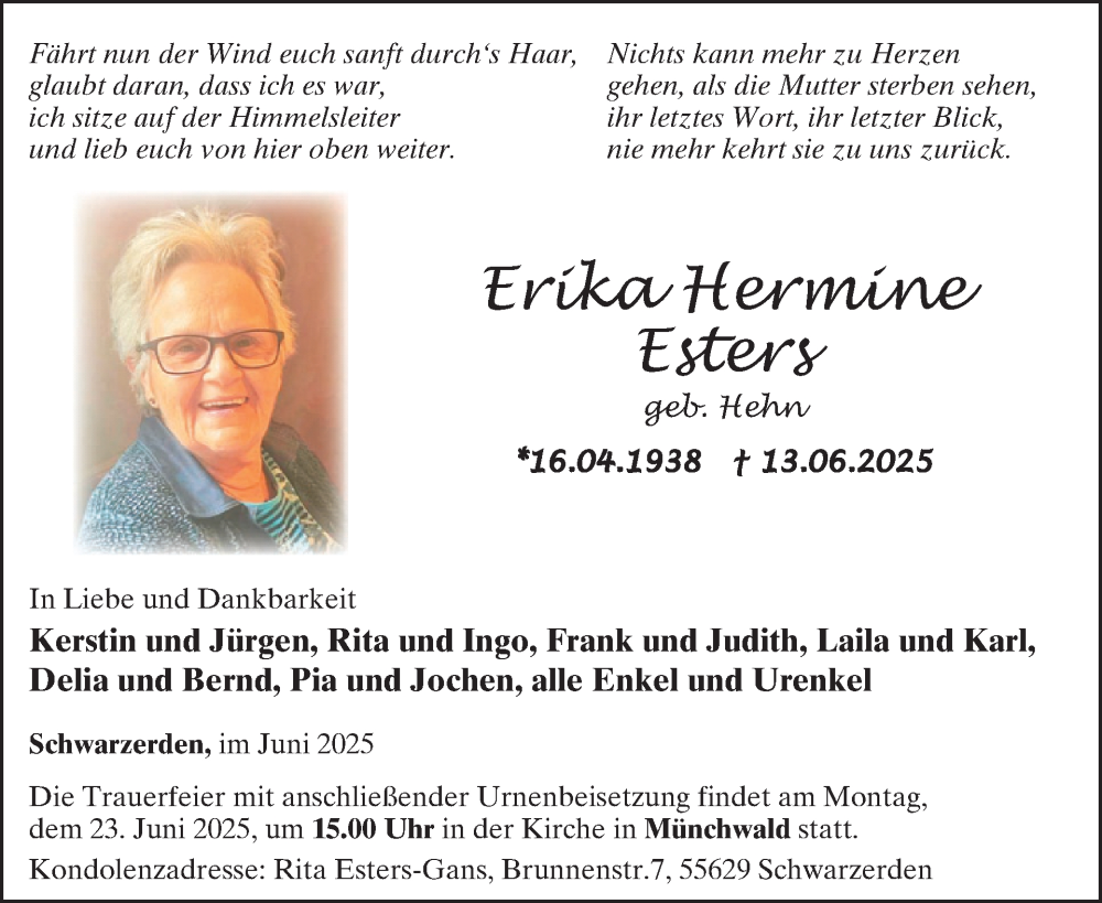  Traueranzeige für Erika Hermine Esters vom 21.06.2025 aus WochenSpiegel