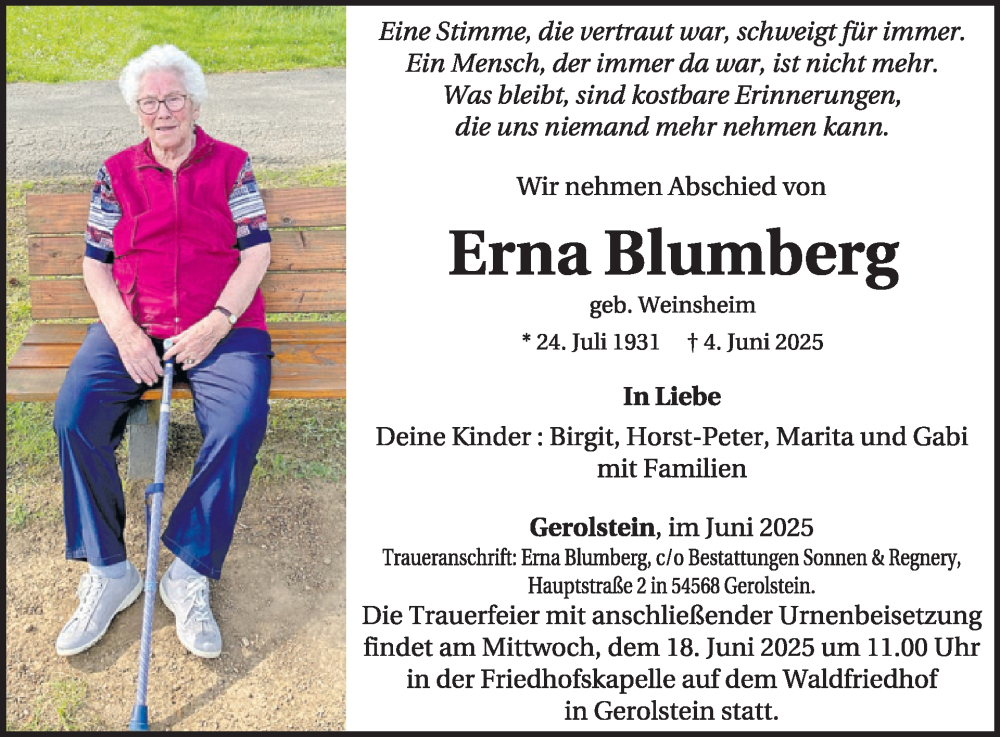  Traueranzeige für Erna Blumberg vom 14.06.2025 aus WochenSpiegel