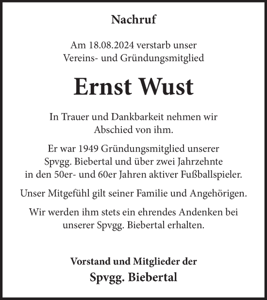 Traueranzeige von Ernst Wust von WochenSpiegel