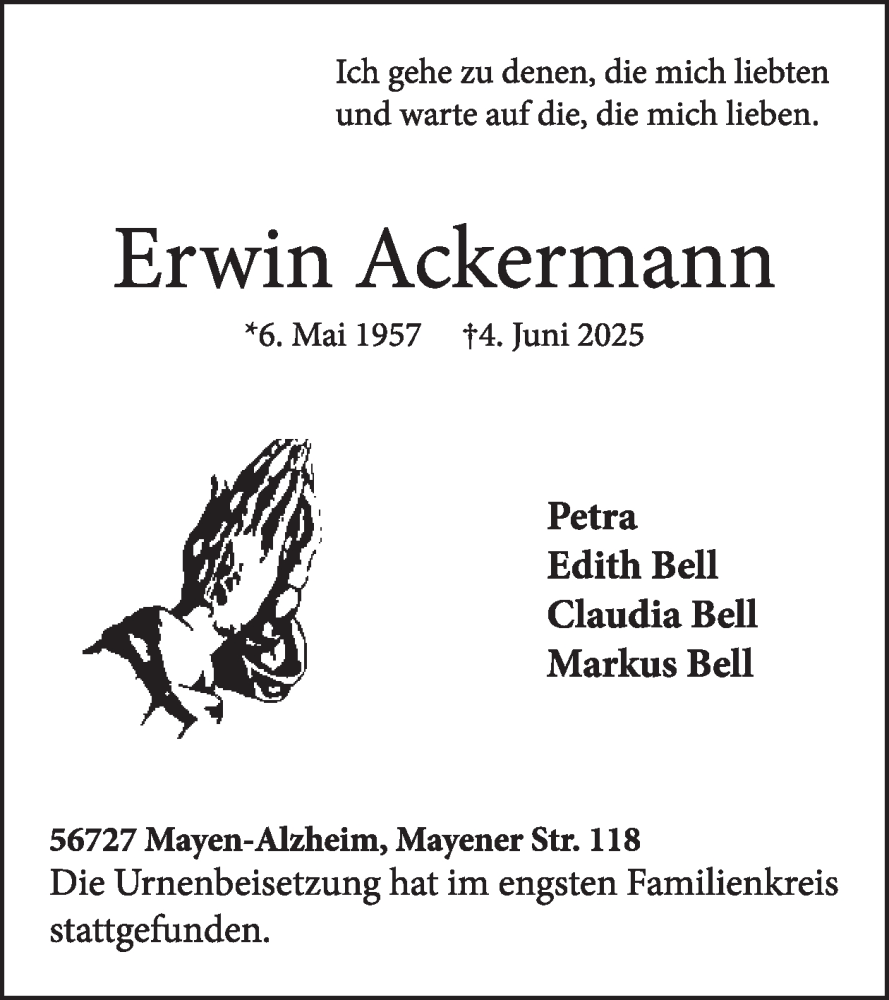  Traueranzeige für Erwin Ackermann vom 25.06.2025 aus WochenSpiegel