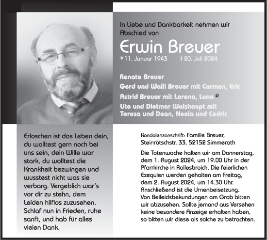 Traueranzeige von Erwin Breuer von WochenSpiegel
