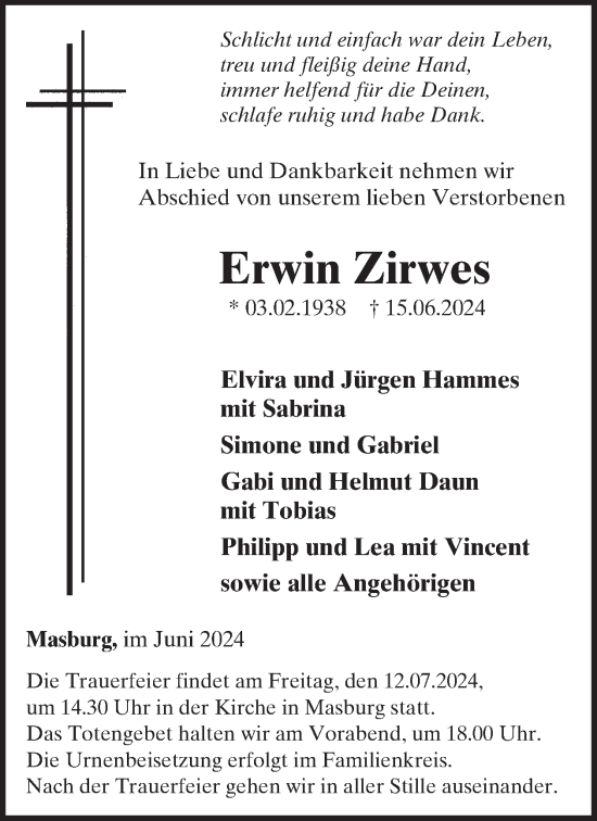 Traueranzeige von Erwin Zirwes von WochenSpiegel