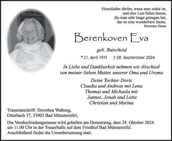 Traueranzeige von Eva Berenkoven von WochenSpiegel
