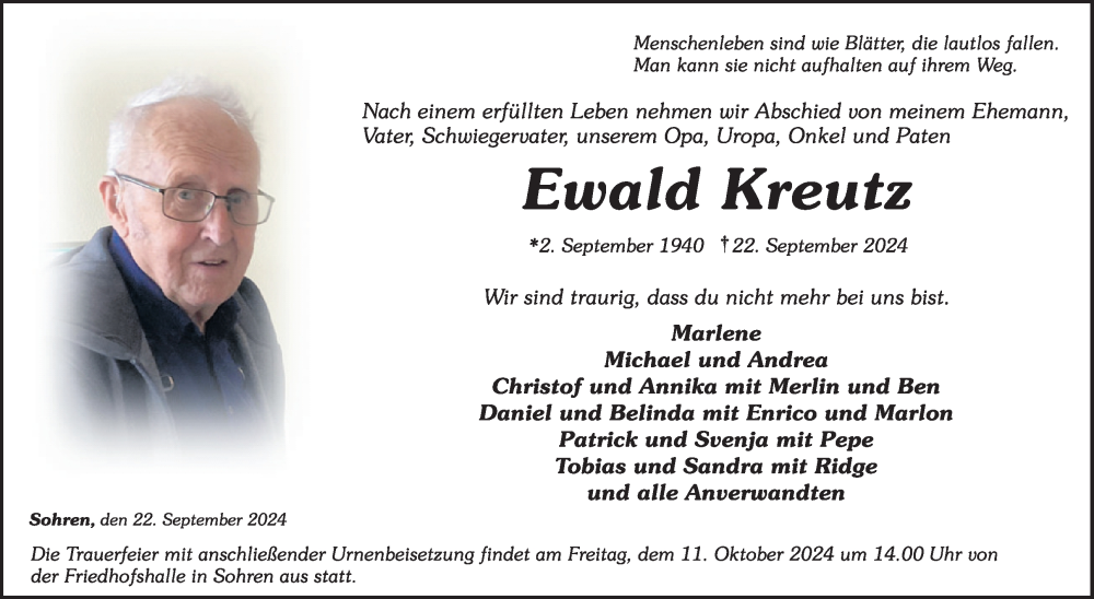  Traueranzeige für Ewald Kreutz vom 05.10.2024 aus WochenSpiegel