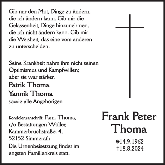 Traueranzeige von Frank Peter Thoma von WochenSpiegel