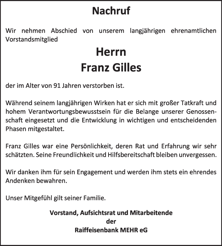  Traueranzeige für Franz Gilles vom 07.08.2024 aus WochenSpiegel
