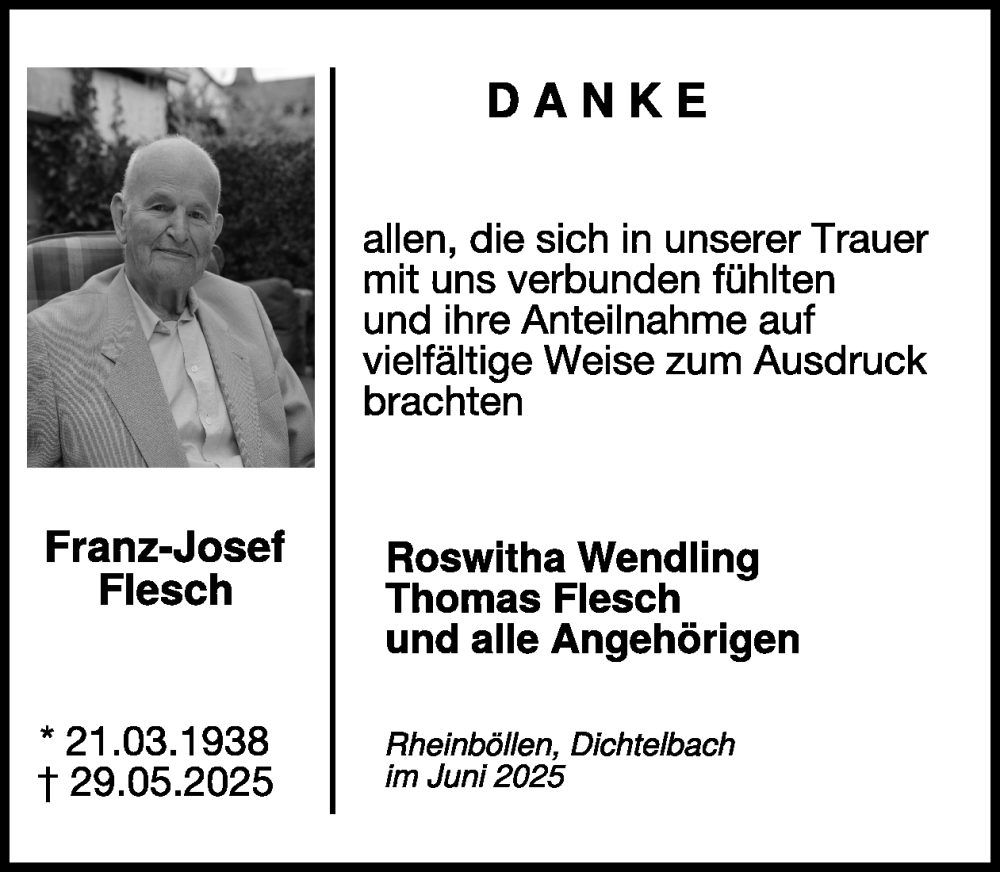  Traueranzeige für Franz-Josef Flesch vom 21.06.2025 aus WochenSpiegel