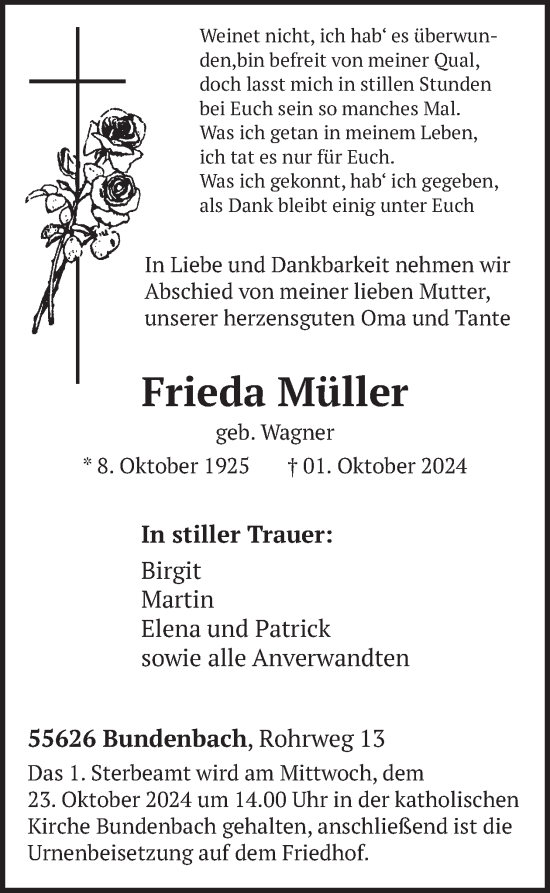 Traueranzeige von Frieda Müller von WochenSpiegel