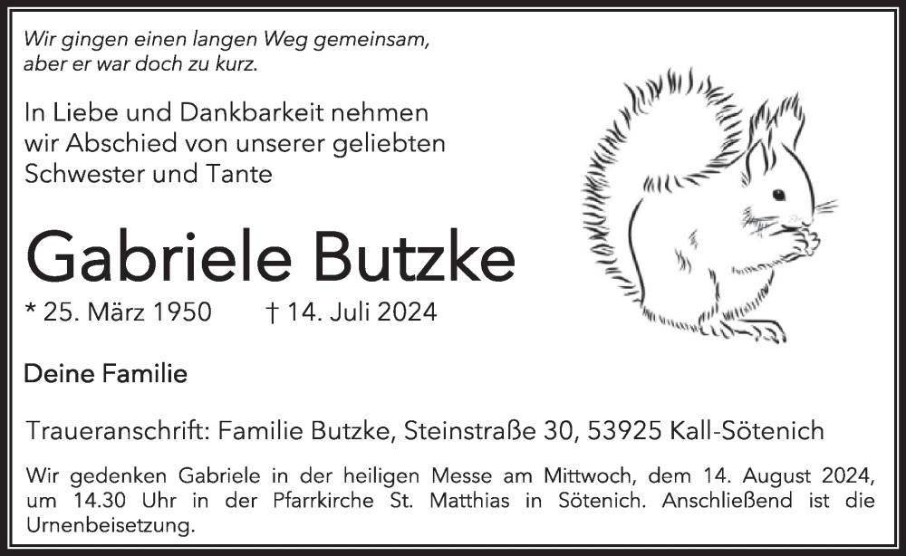  Traueranzeige für Gabriele Butzke vom 31.07.2024 aus WochenSpiegel