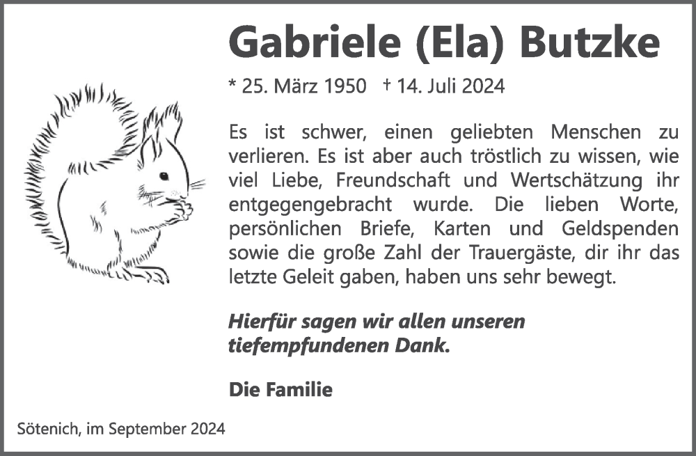  Traueranzeige für Gabriele Butzke vom 18.09.2024 aus WochenSpiegel