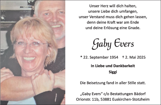 Traueranzeige von Gaby Evers von WochenSpiegel
