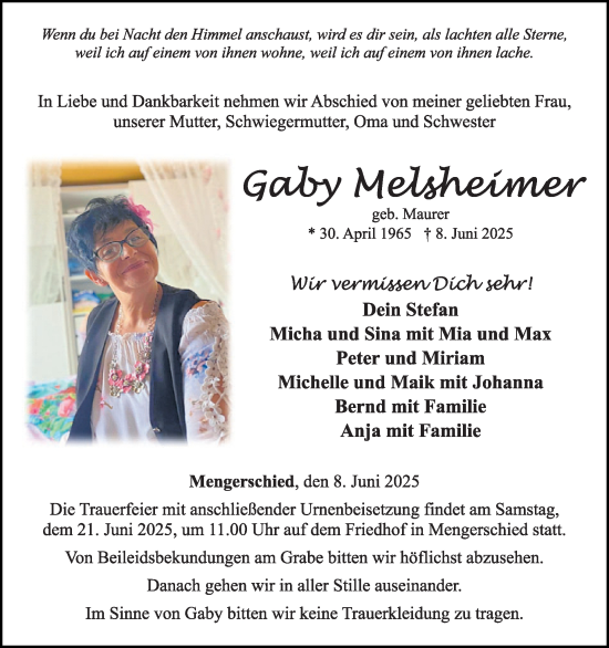 Traueranzeige von Gaby Melsheimer von WochenSpiegel