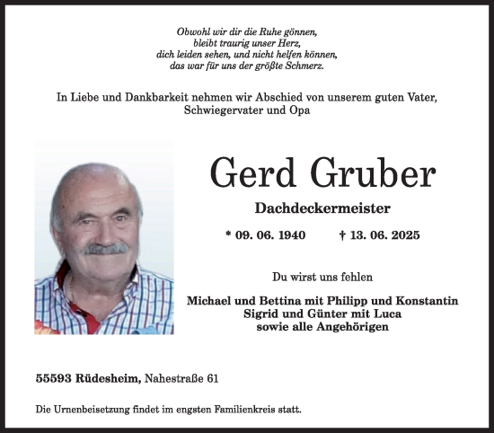 Traueranzeige von Gerd Gruber von WochenSpiegel