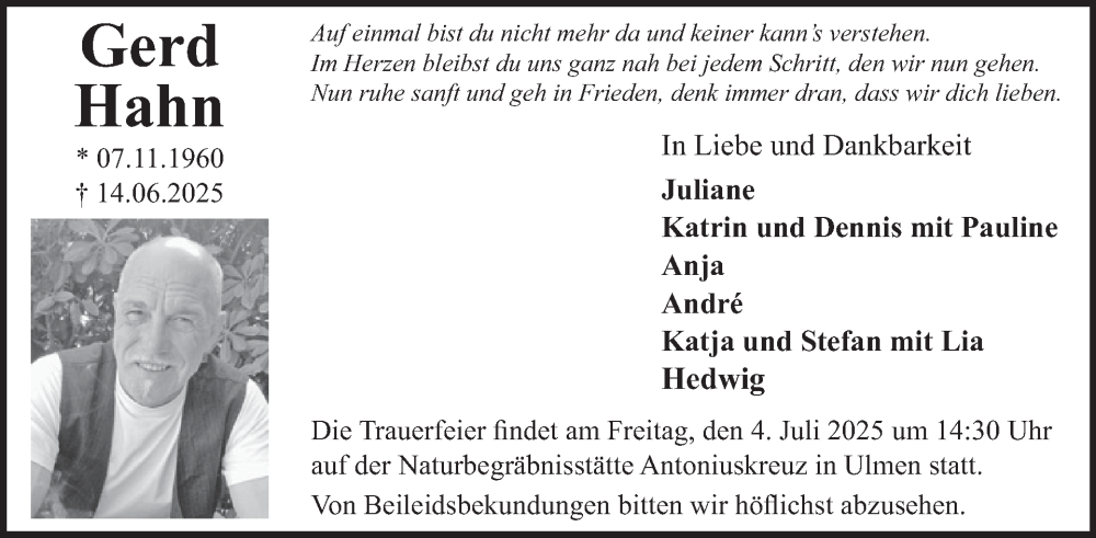 Traueranzeige für Gerd Hahn vom 25.06.2025 aus WochenSpiegel