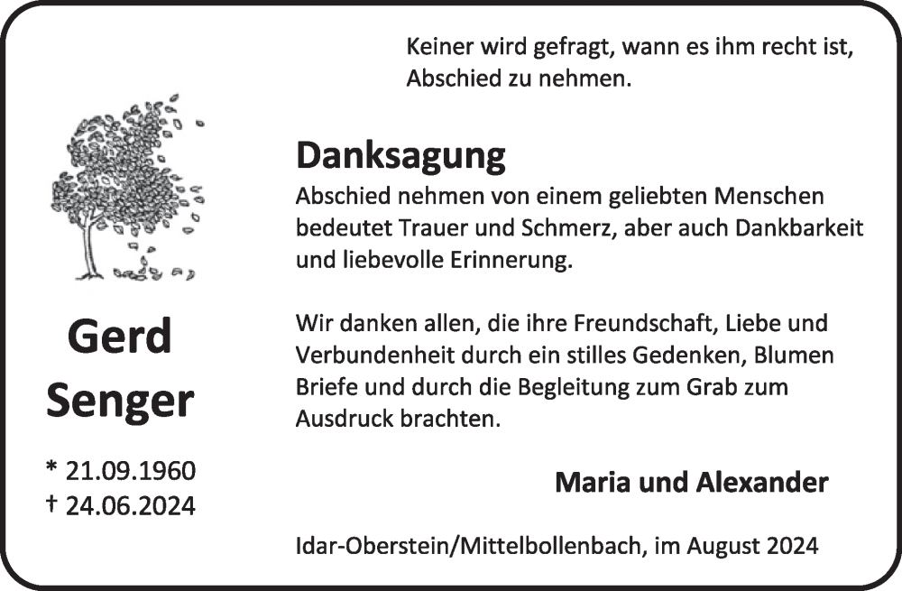  Traueranzeige für Gerd Senger vom 31.08.2024 aus WochenSpiegel