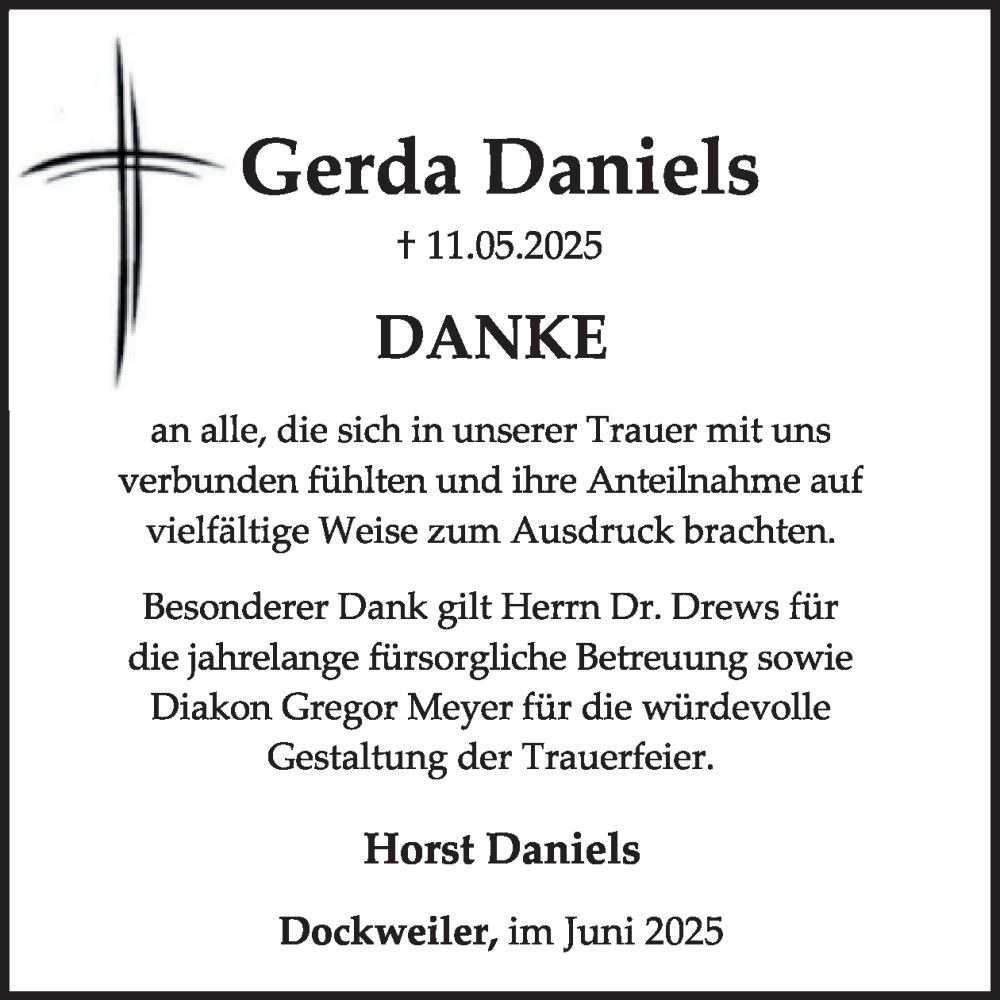  Traueranzeige für Gerda Daniels vom 28.06.2025 aus WochenSpiegel
