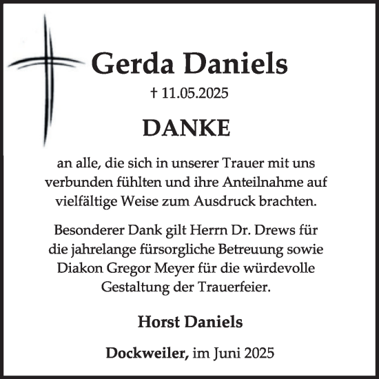 Traueranzeige von Gerda Daniels von WochenSpiegel