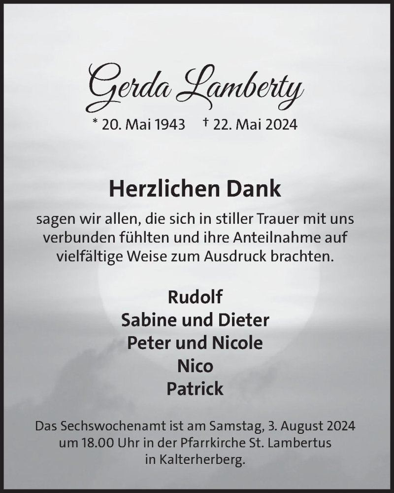  Traueranzeige für Gerda Lamberty vom 31.07.2024 aus WochenSpiegel