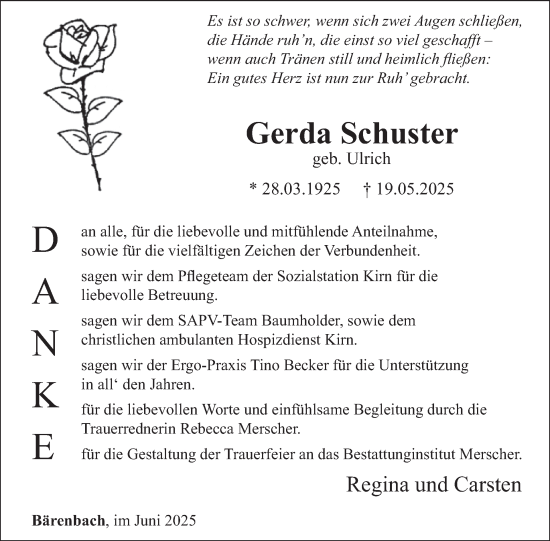 Traueranzeige von Gerda Schuster von WochenSpiegel