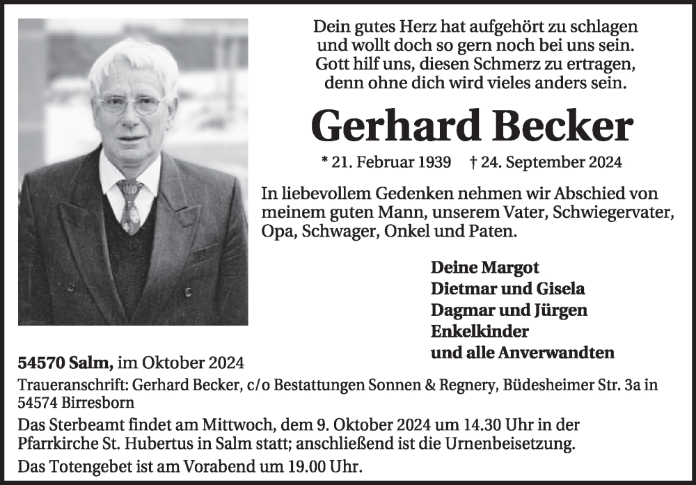  Traueranzeige für Gerhard Becker vom 05.10.2024 aus WochenSpiegel