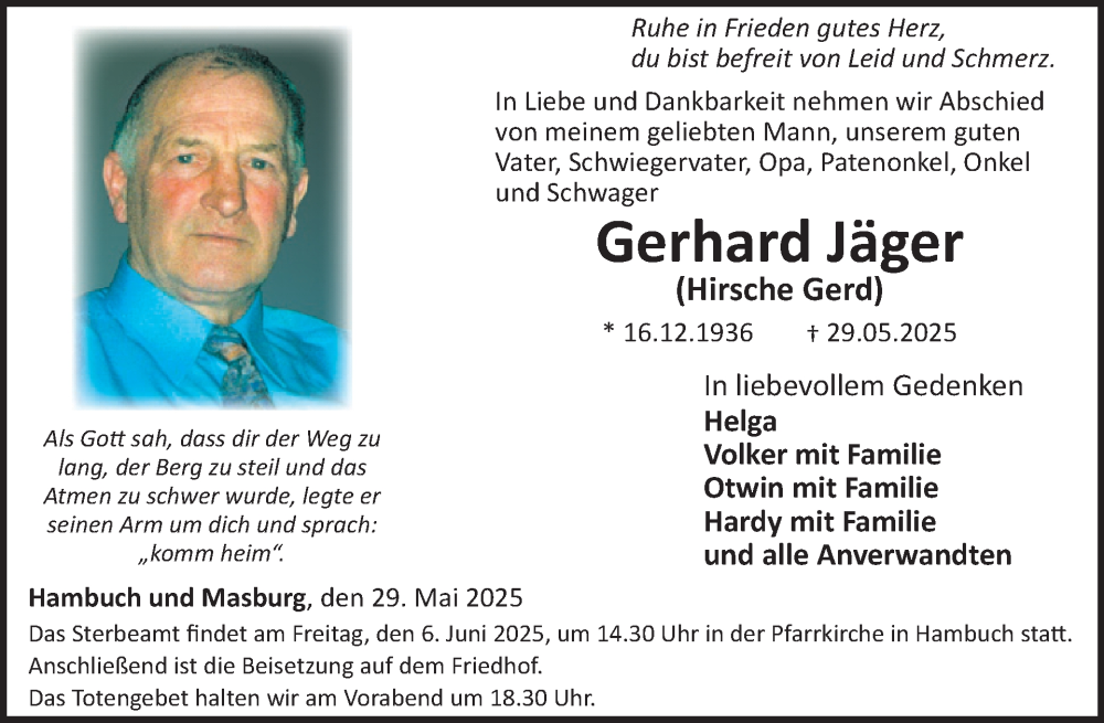  Traueranzeige für Gerhard Jäger vom 04.06.2025 aus WochenSpiegel