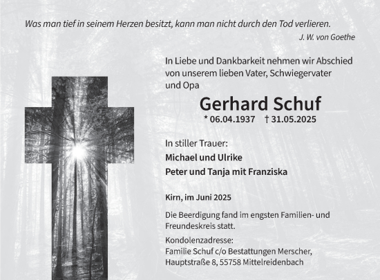 Traueranzeige von Gerhard Schuf von WochenSpiegel
