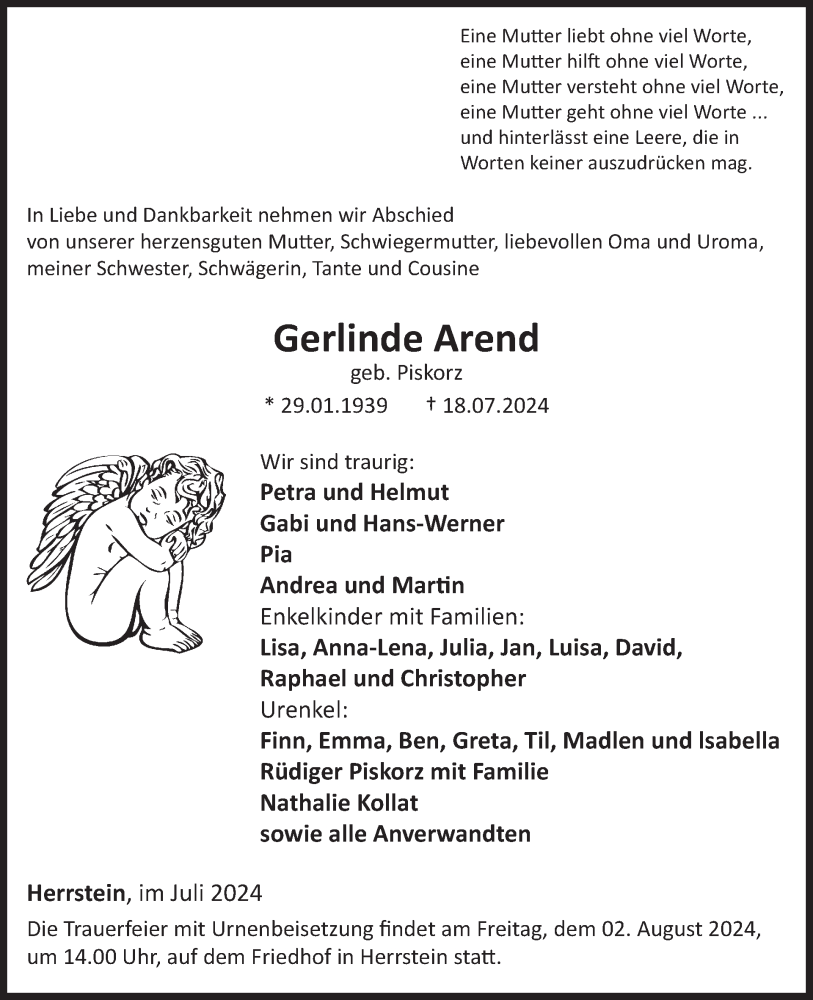  Traueranzeige für Gerlinde Arend vom 27.07.2024 aus WochenSpiegel