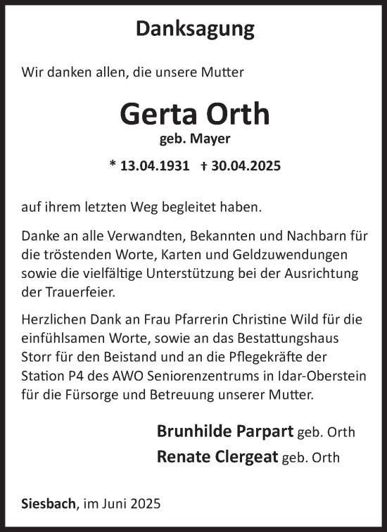 Traueranzeige von Gerta Orth von WochenSpiegel