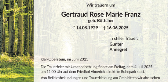 Traueranzeige von Gertraud Rose Marie Franz von WochenSpiegel