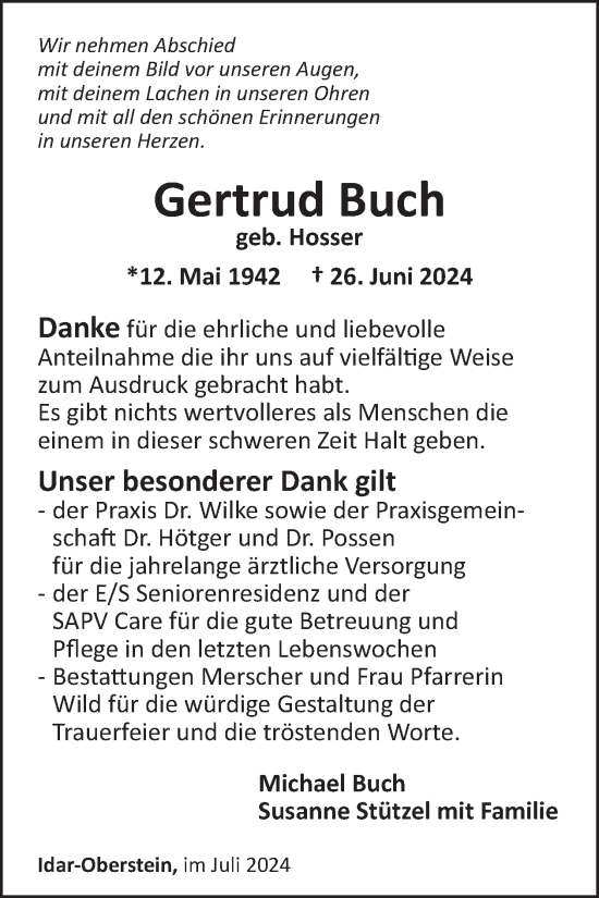 Traueranzeige von Gertrud Buch von WochenSpiegel