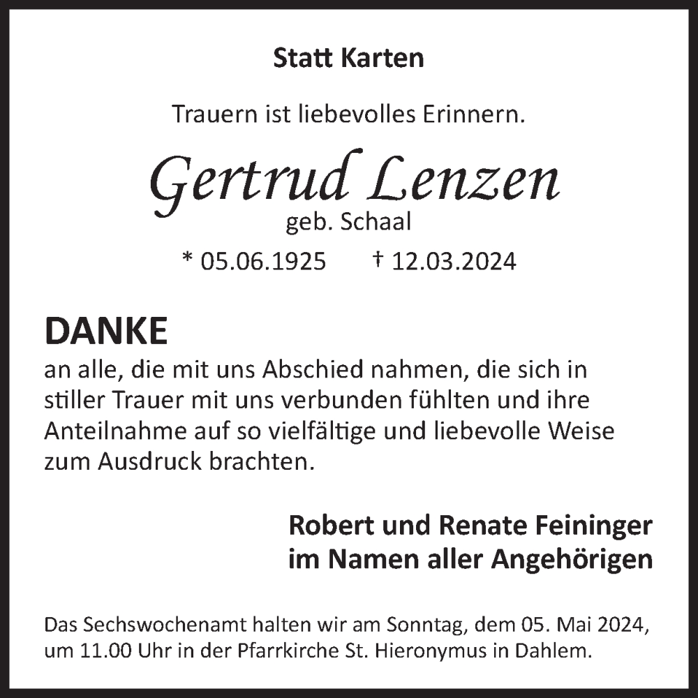  Traueranzeige für Gertrud Lenzen vom 04.05.2024 aus WochenSpiegel