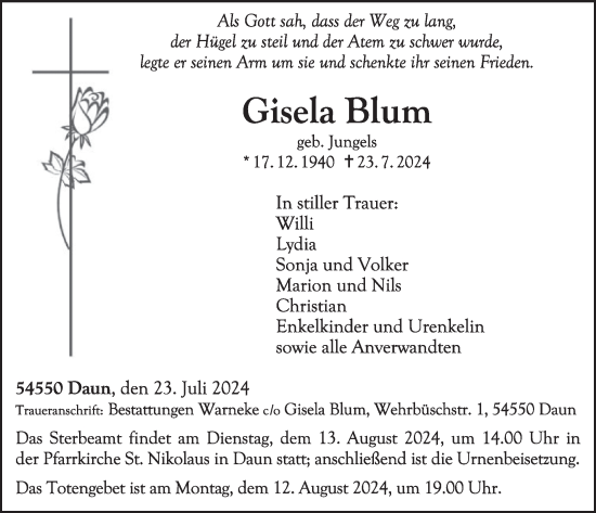 Traueranzeige von Gisela Blum von WochenSpiegel
