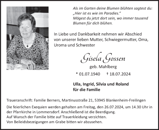 Traueranzeige von Gisela Gossen von WochenSpiegel