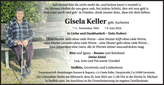 Traueranzeige von Gisela Keller von WochenSpiegel