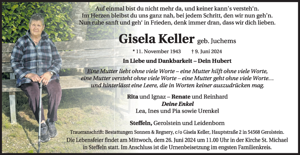  Traueranzeige für Gisela Keller vom 21.06.2024 aus WochenSpiegel