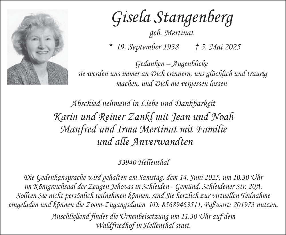  Traueranzeige für Gisela Stangenberg vom 04.06.2025 aus WochenSpiegel