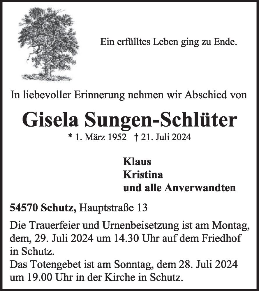  Traueranzeige für Gisela Sungen-Schlüter vom 27.07.2024 aus WochenSpiegel