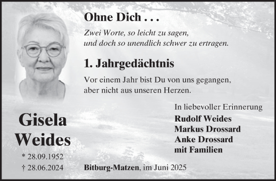 Traueranzeige von Gisela Weides von WochenSpiegel