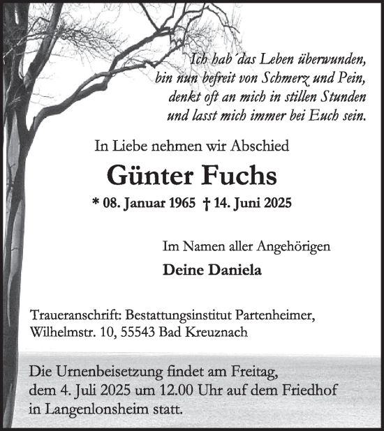 Traueranzeige von Günter Fuchs von WochenSpiegel
