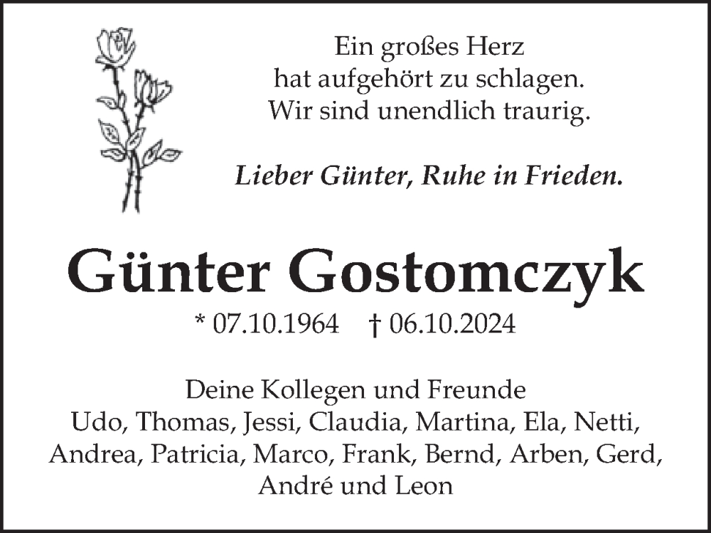  Traueranzeige für Günter Gostomczyk vom 09.10.2024 aus WochenSpiegel