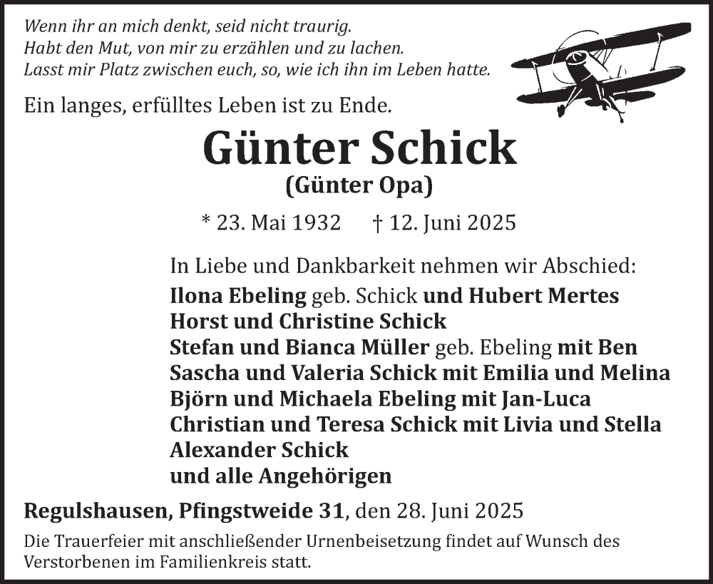  Traueranzeige für Günter Schick vom 28.06.2025 aus WochenSpiegel