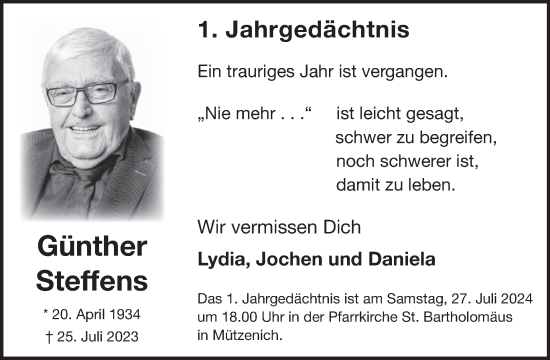 Traueranzeige von Günther Steffens von WochenSpiegel