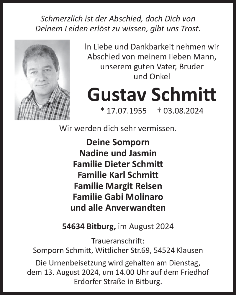  Traueranzeige für Gustav Schmitt vom 09.08.2024 aus WochenSpiegel