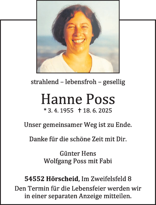 Traueranzeige von Hanne Poss von WochenSpiegel