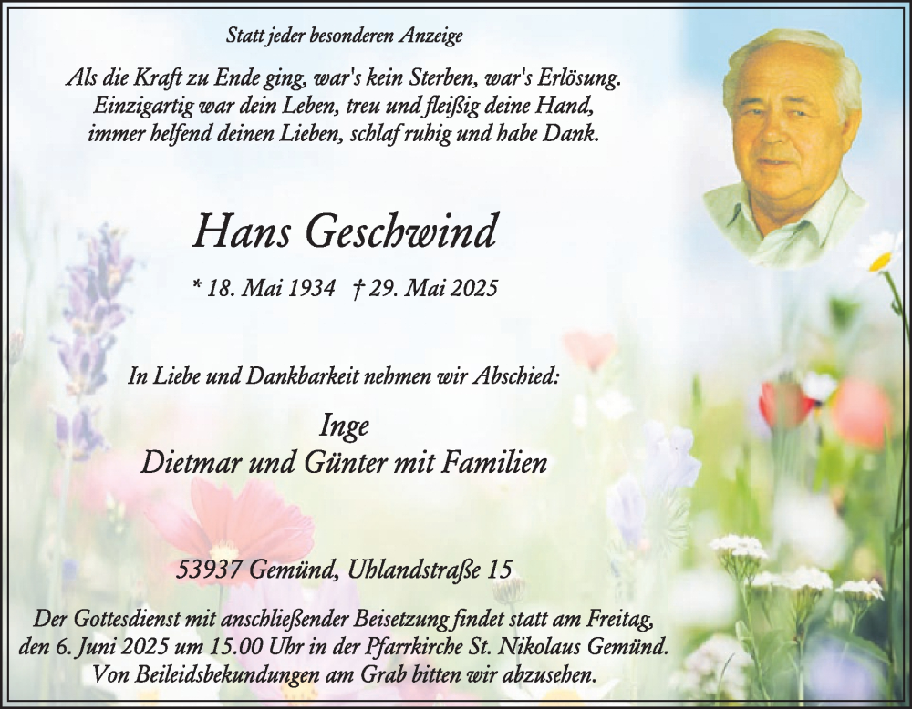  Traueranzeige für Hans Geschwind vom 04.06.2025 aus WochenSpiegel