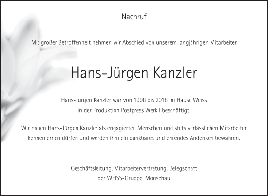 Traueranzeige von Hans-Jürgen Kanzler von WochenSpiegel
