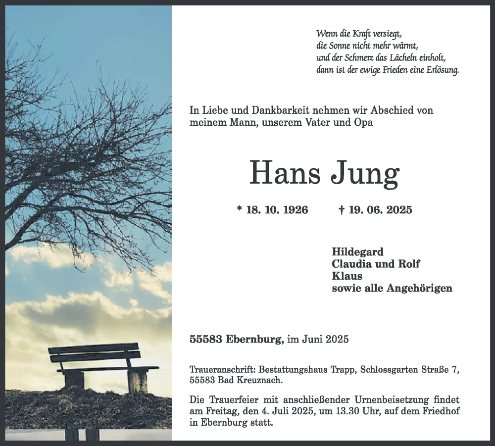  Traueranzeige für Hans Jung vom 28.06.2025 aus WochenSpiegel
