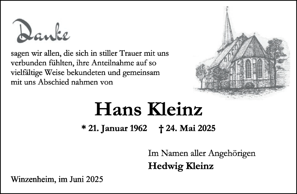  Traueranzeige für Hans Kleinz vom 21.06.2025 aus WochenSpiegel