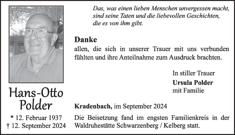  Traueranzeige für Hans-Otto Polder vom 28.09.2024 aus WochenSpiegel