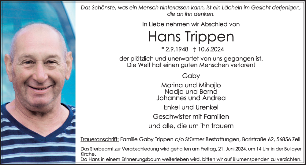  Traueranzeige für Hans Trippen vom 19.06.2024 aus WochenSpiegel